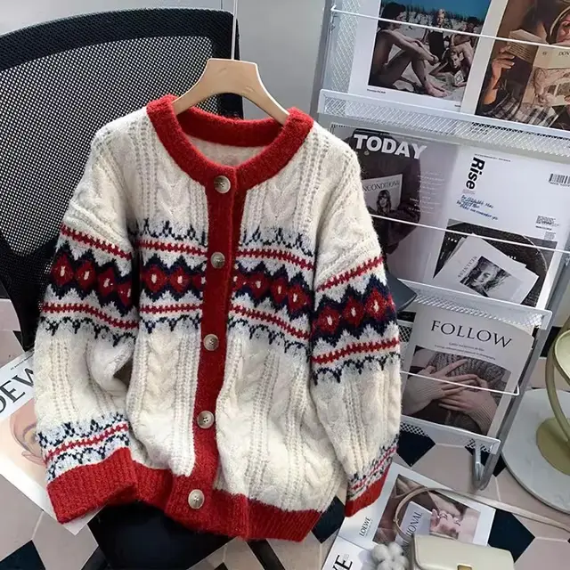 Retro Red New Year Sweater Coat For Women White - Shop at LoveMi