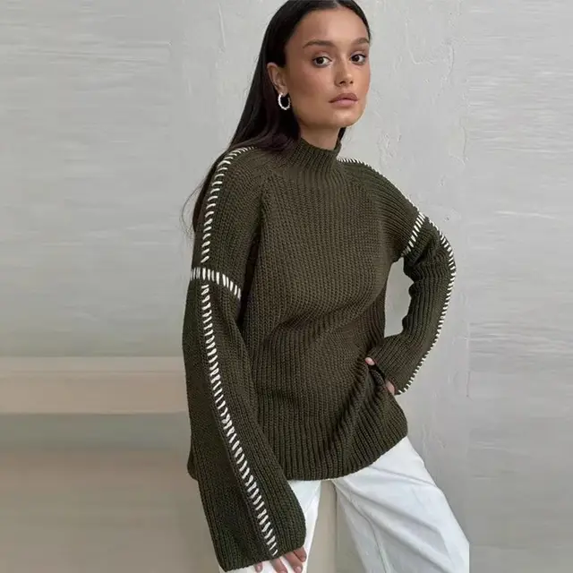 Color Contrast Patchwork Line Design Sense Crew Neck Casual Sweater Army Green - Shop at LoveMi