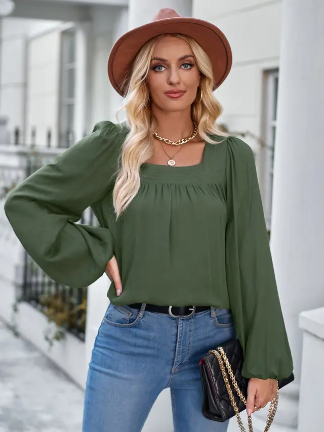 Solid Color Square Collar Slim Fit Long sleeved Versatile Top Army Green - Shop at LoveMi