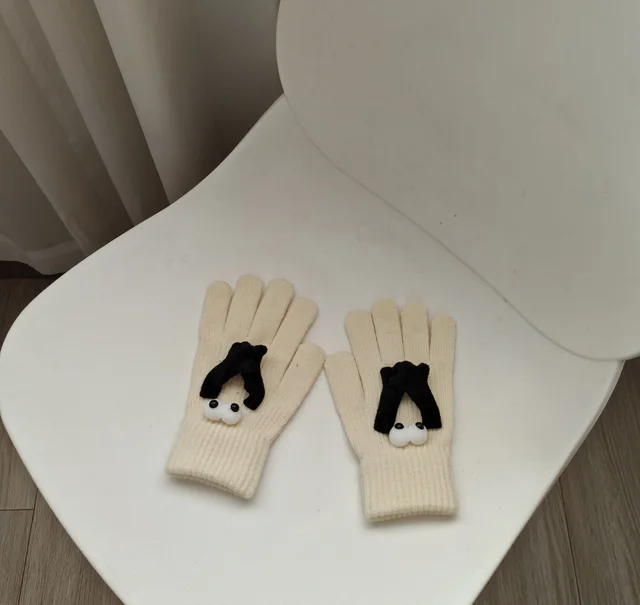 Magnetic Gloves Five Finger Cute Thickening Wool Cycling Thermal Knitting Gloves Autumn And Winter Hand Holding Gloves Beige - Shop at LoveMi