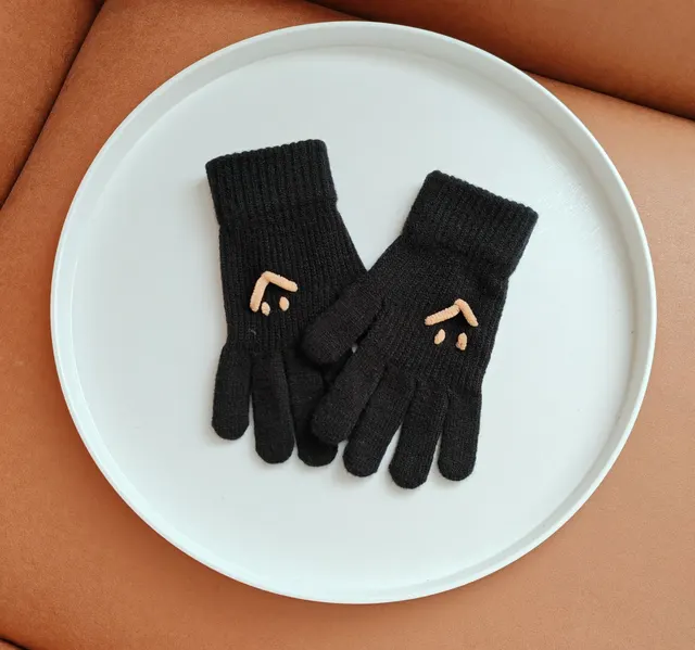 Magnetic Gloves Five Finger Cute Thickening Wool Cycling Thermal Knitting Gloves Autumn And Winter Smiley Gloves Black - Shop at LoveMi