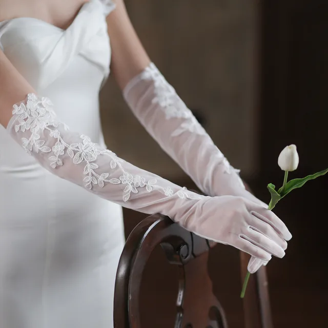 Elegant White Lace Wedding Dress Dinner Mesh Gloves Ivory White Arm Style - Shop at LoveMi