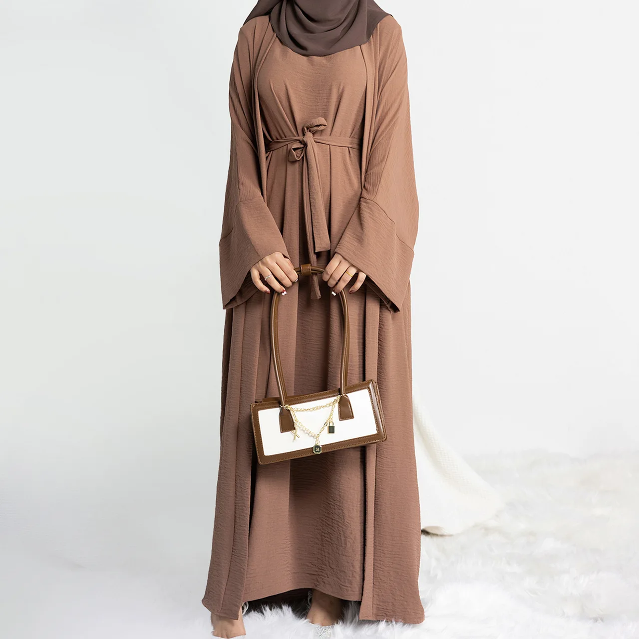 Turkey Dubai Solid Color Two-piece Suit - Coffee Color