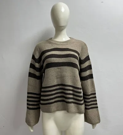 Striped Contrast Color Knitwear Casual All matching Tops Khaki - Shop at LoveMi