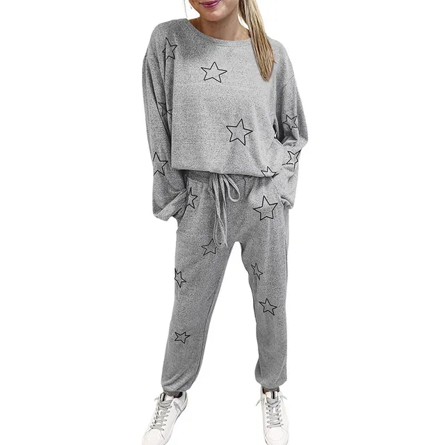 Round Neck Geometric Printed Homewear Two piece Set Gray Grey - Shop at LoveMi