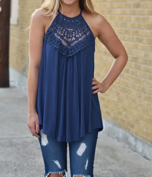 Lace Stitching Sleeveless Round Neck T shirt Casual Top Navy Blue - Shop at LoveMi