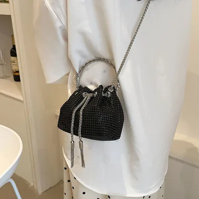 Women's Fashion Diamond Portable Drawstring Bucket Bag Black - Shop at LoveMi