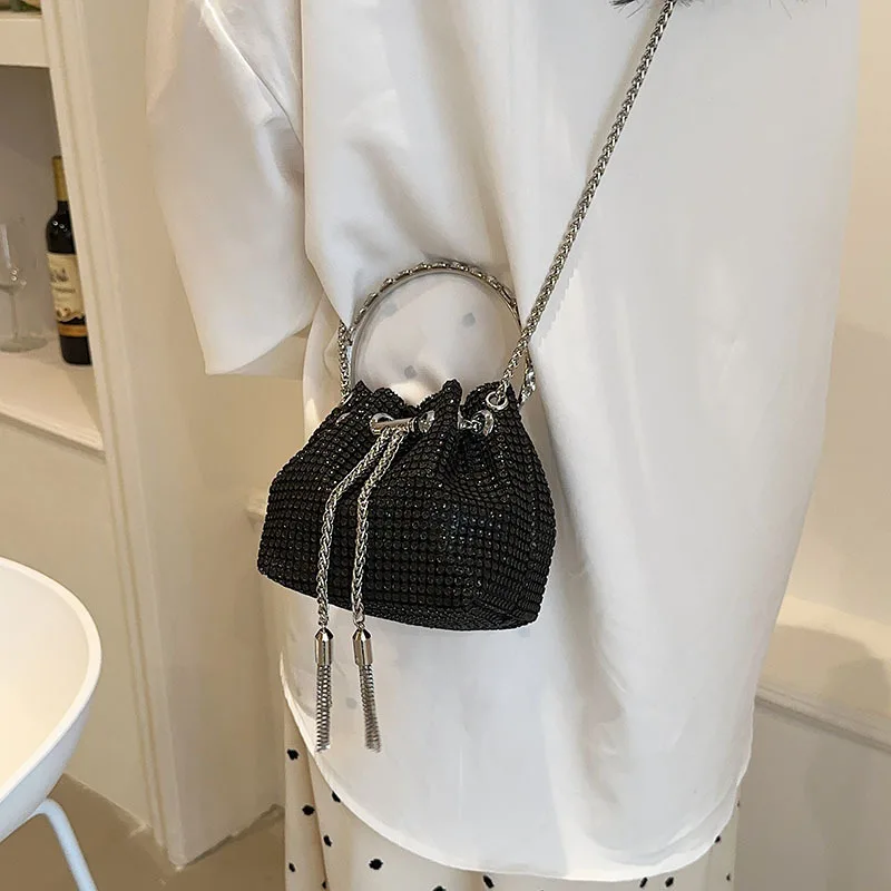 Women's Fashion Diamond Portable Drawstring Bucket Bag Black - Shop at LoveMi