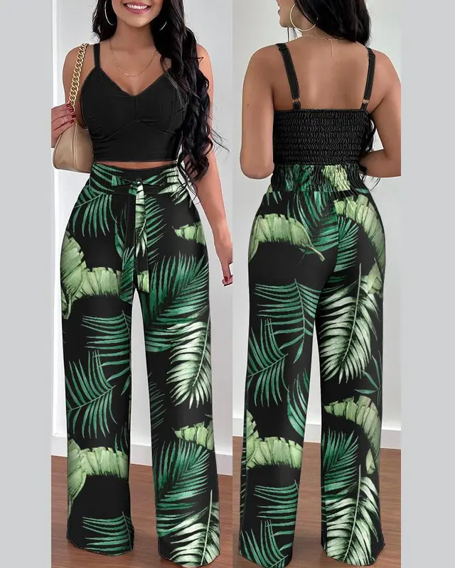 Fashion Suspenders Two piece Suit Women's Clothing Green Printing - Shop at LoveMi