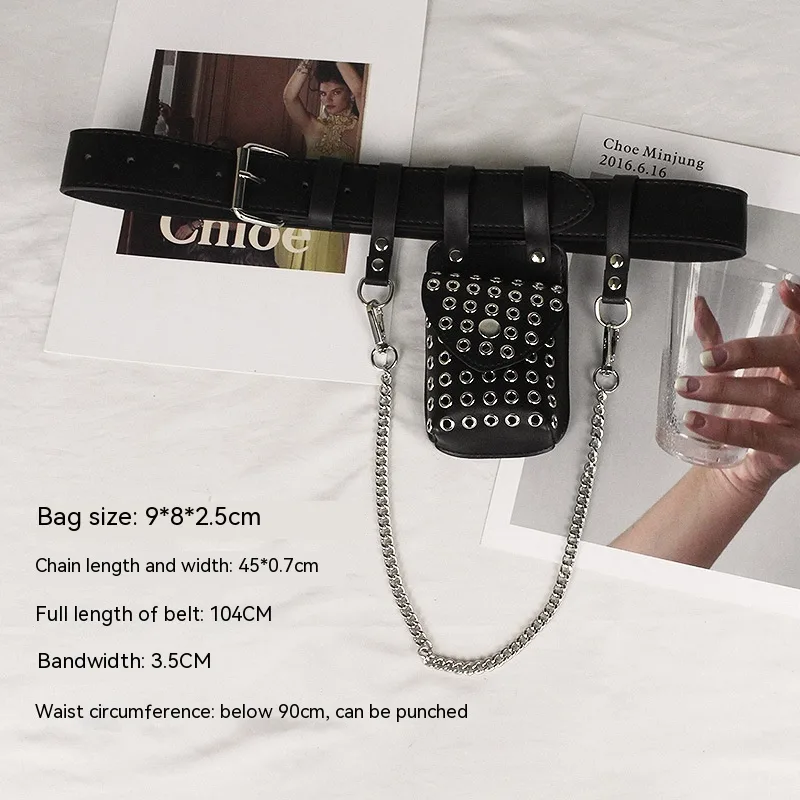 Punk Belt Bag Belt Chain Decoration Rivet Hollow out Small Bag Belt Black - Shop at LoveMi