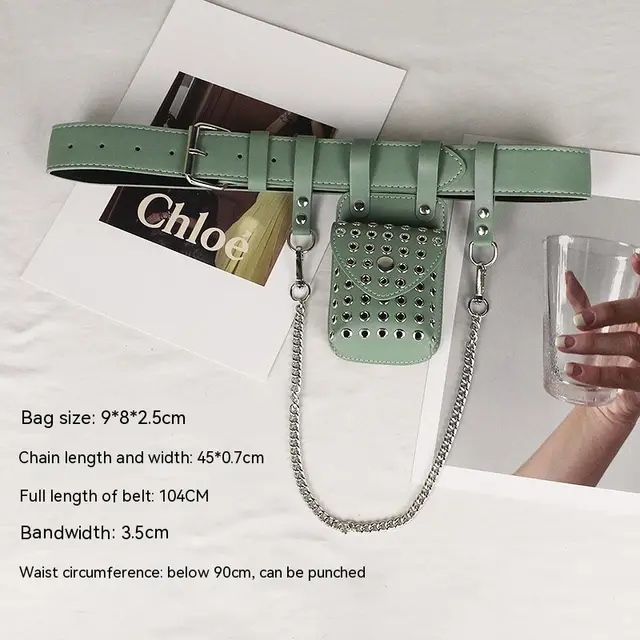 Punk Belt Bag Belt Chain Decoration Rivet Hollow out Small Bag Belt Green - Shop at LoveMi