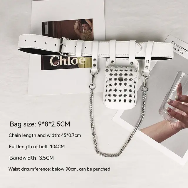 Punk Belt Bag Belt Chain Decoration Rivet Hollow out Small Bag Belt White - Shop at LoveMi