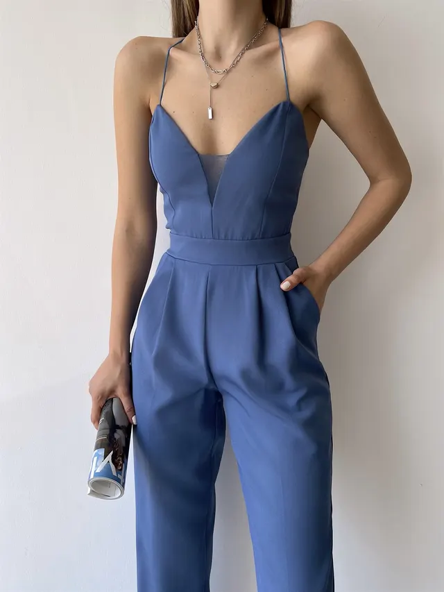 European And American Sexy V neck Strap Slim Fit Bodysuit Blue - Shop at LoveMi