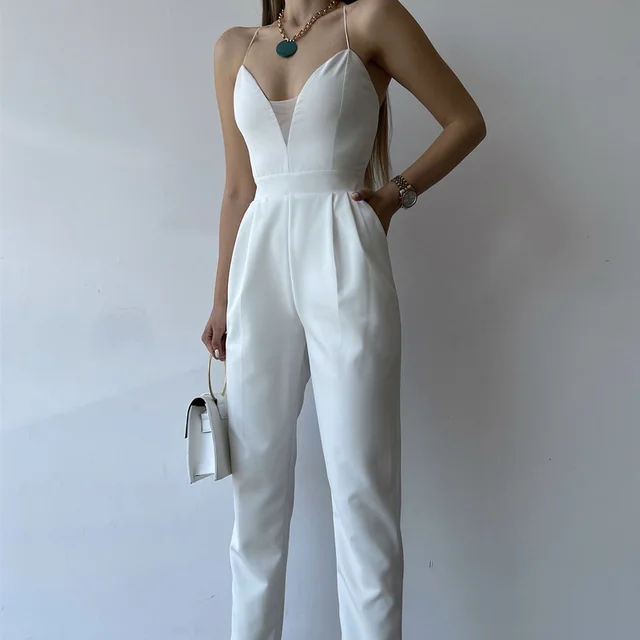 European And American Sexy V neck Strap Slim Fit Bodysuit White - Shop at LoveMi