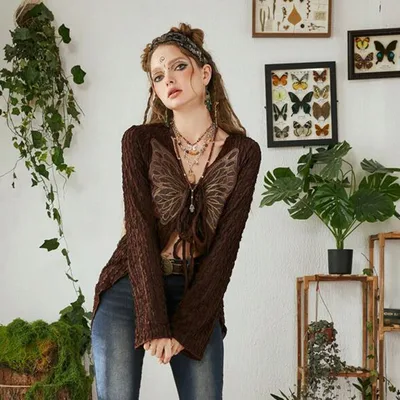 Pure Desire Fairy Style Design Butterfly Embroidery Tie neck Cardigan Thin Blouse T shirt Niche Top Brown - Shop at LoveMi