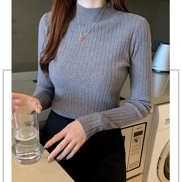 Half Turtleneck Bottoming Shirt Women's Long sleeved Sweater Top Gray - Shop at LoveMi
