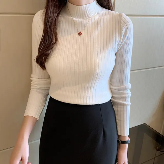 Half Turtleneck Bottoming Shirt Women's Long sleeved Sweater Top White - Shop at LoveMi