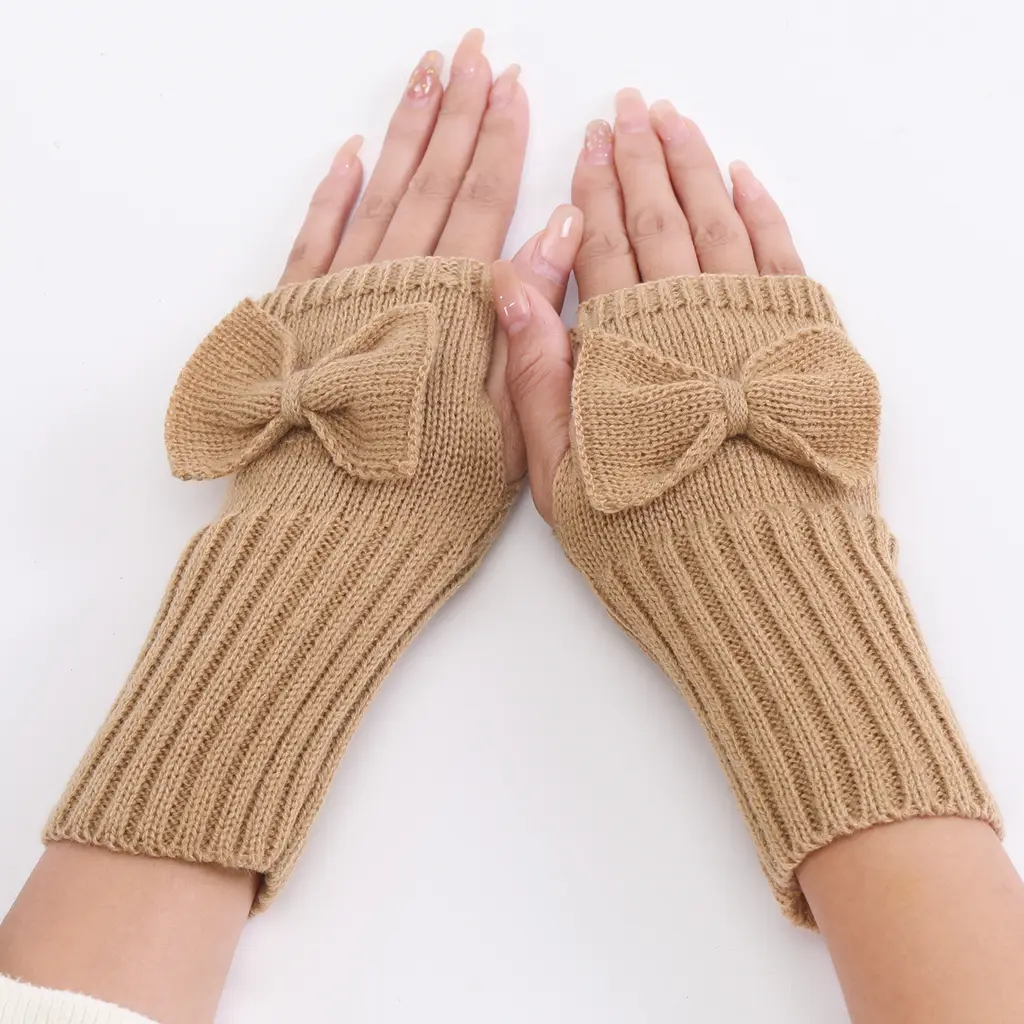 Bow Knitted Wool Keep Warm Half Finger Fingerless Gloves - Beige