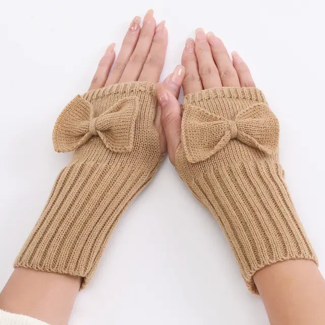 Bow Knitted Wool Keep Warm Half Finger Fingerless Gloves Beige - Shop at LoveMi