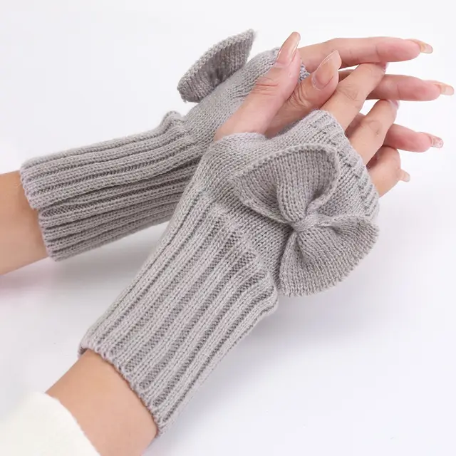 Bow Knitted Wool Keep Warm Half Finger Fingerless Gloves Light Gray - Shop at LoveMi