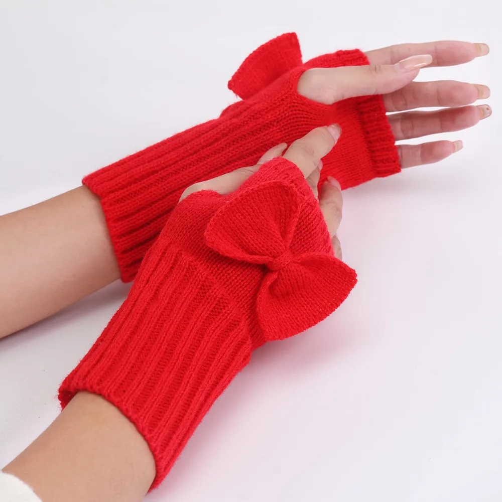 Bow Knitted Wool Keep Warm Half Finger Fingerless Gloves - Red