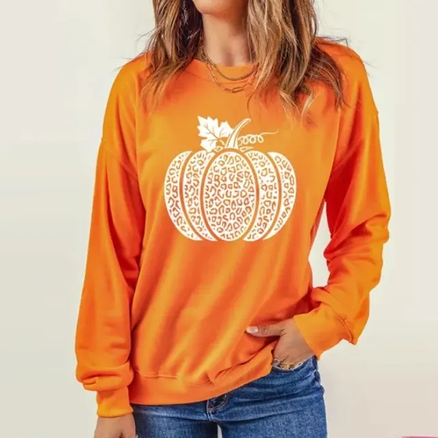 Crew Neck Off the shoulder Pumpkin Pattern Sweatshirt Orange - Shop at LoveMi