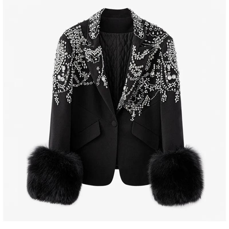 One Button Long Sleeve Suit Collar Exquisite Rhinestone Decorative Black Plush Cuffs Slim-fit Flattering Coat - Black