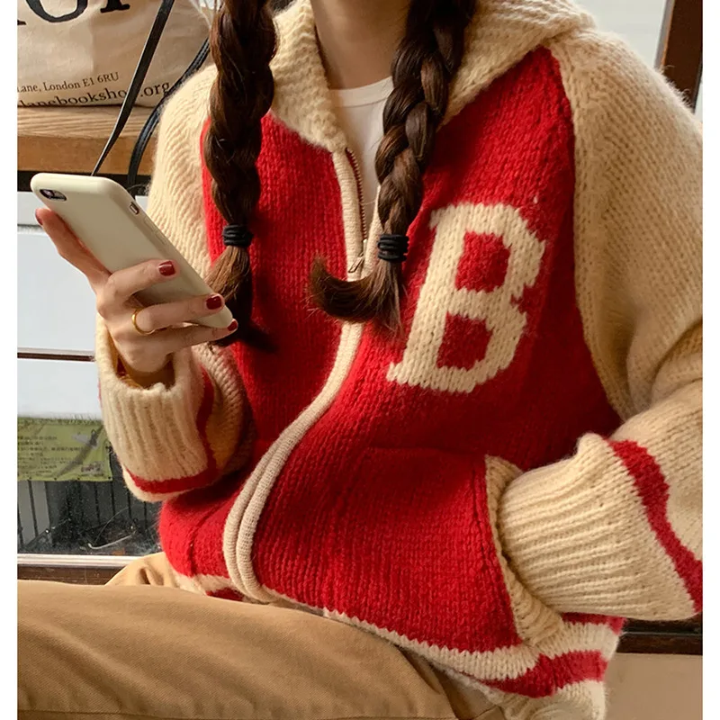 Lapel Embroidery Letter Design Loose All match Long sleeved Knitted Sweater Red - Shop at LoveMi