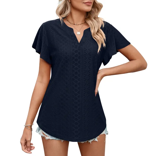 Women's Solid Color And V neck Ruffle Sleeve Casual T shirt New Navy Blue - Shop at LoveMi