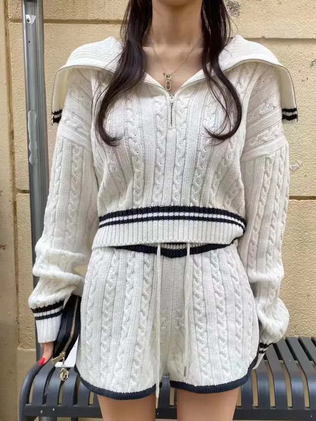 Fashion Cable knit Sweater Shorts Suit White - Shop at LoveMi
