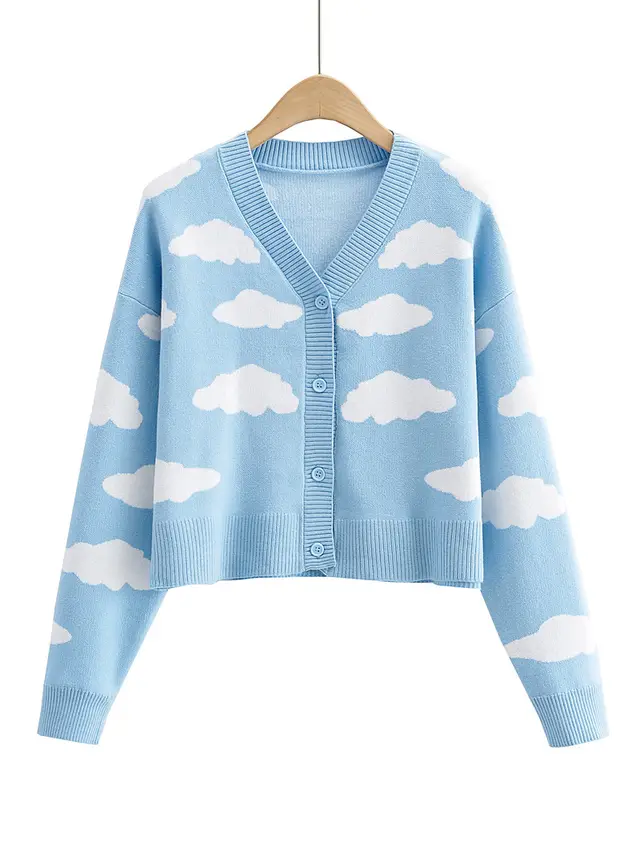 Autumn Girl Long Sleeve V neck Cloud Pattern Cardigan Sweater Blue - Shop at LoveMi