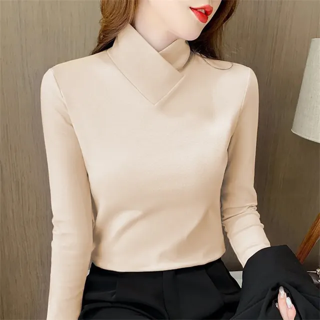 Pure Color Trendy Slim Fit Dralon Bottoming Shirt Apricot - Shop at LoveMi