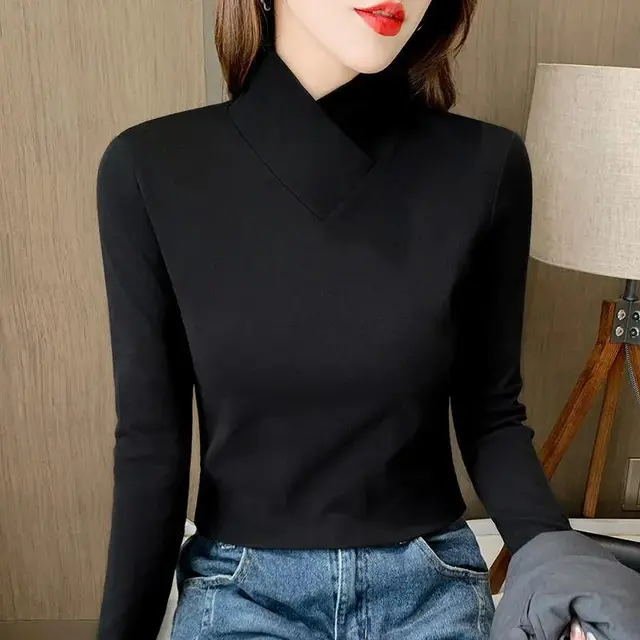 Pure Color Trendy Slim Fit Dralon Bottoming Shirt Black - Shop at LoveMi