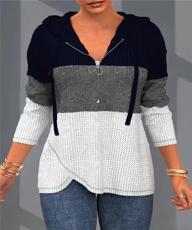 Women's Elegant Color Matching Zipper Sweater With Hat Navy Blue - Shop at LoveMi