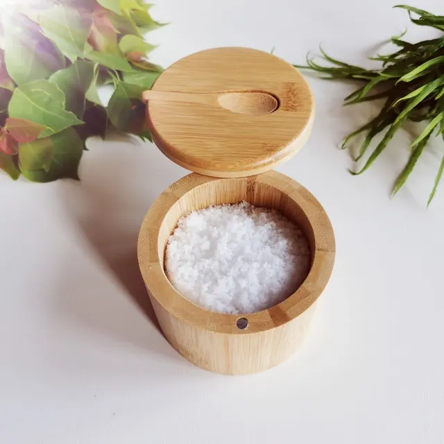Bamboo Seasoning Jar Condiment Dispenser Bamboo Salt Jar With Spoon Kitchen Storage Seasoning Containers With Spoon - Shop at LoveMi