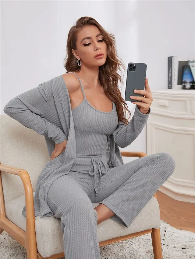 Home Wear Waffle Knitted Suspenders Top And Trousers Robe Pajamas Three piece Suit Gray - Shop at LoveMi