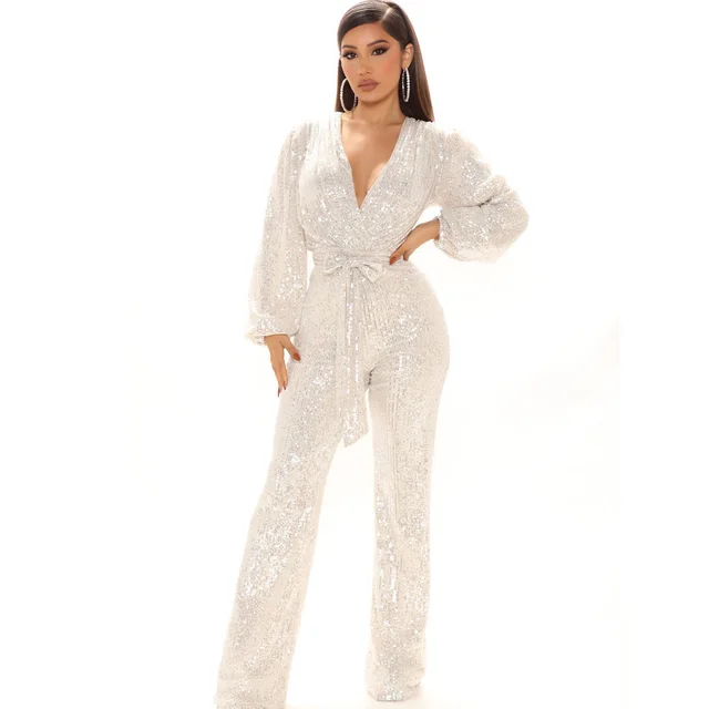 Women's Sequined Deep V neck Long sleeved Jumpsuit Trousers White - Shop at LoveMi