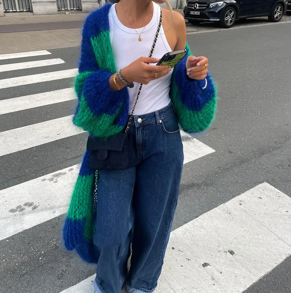 Women's Contrast Color Stripes Lazy Sweater Large Coat Green And Blue Stripes - Shop at LoveMi