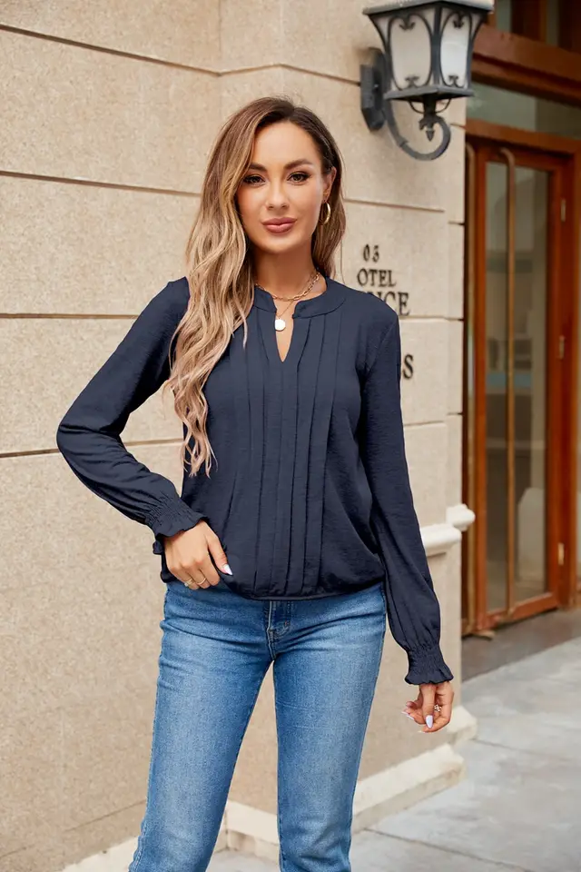 Elegant Pleated V neck Cuff Smocking Women's Top Navy Blue - Shop at LoveMi