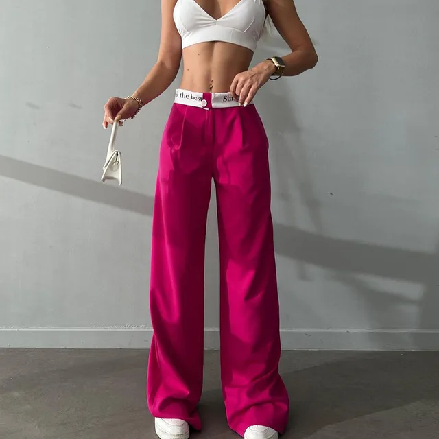 Knitted High Waist Contrast Color Loose Trousers Rose Red - Shop at LoveMi