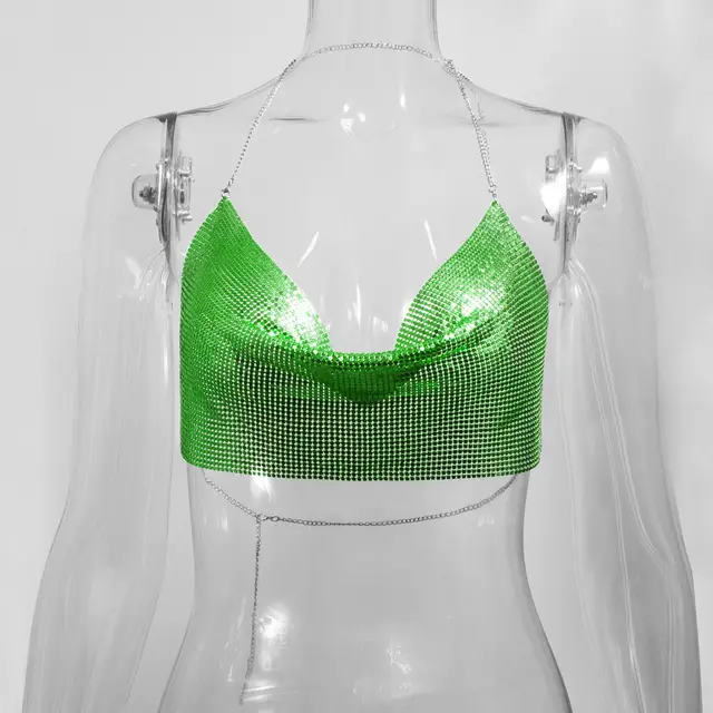 Sequined Personalized Metal Strap Top Green - Shop at LoveMi