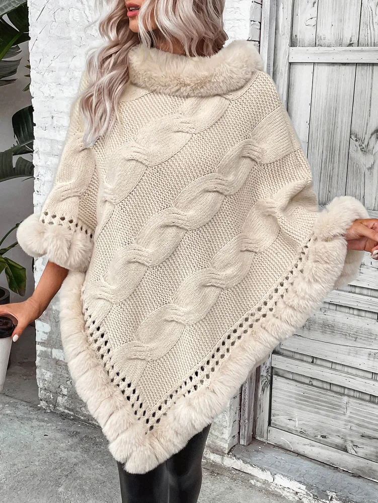 Women's Fur Collar Hemp Pattern Cardigan Cape Sweater Apricot - Shop at LoveMi