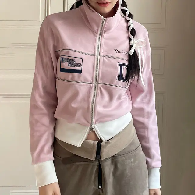 American Retro Color Matching Double Zipper Head Loose Jacket Pink - Shop at LoveMi