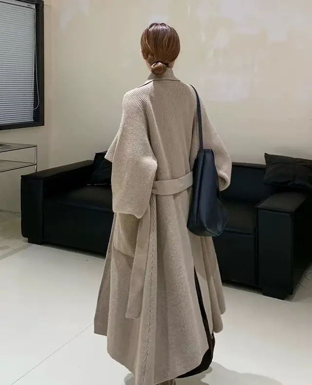 Autumn And Winter New Elegant Belt Knitted Trench Coat For Women Khaki - Shop at LoveMi