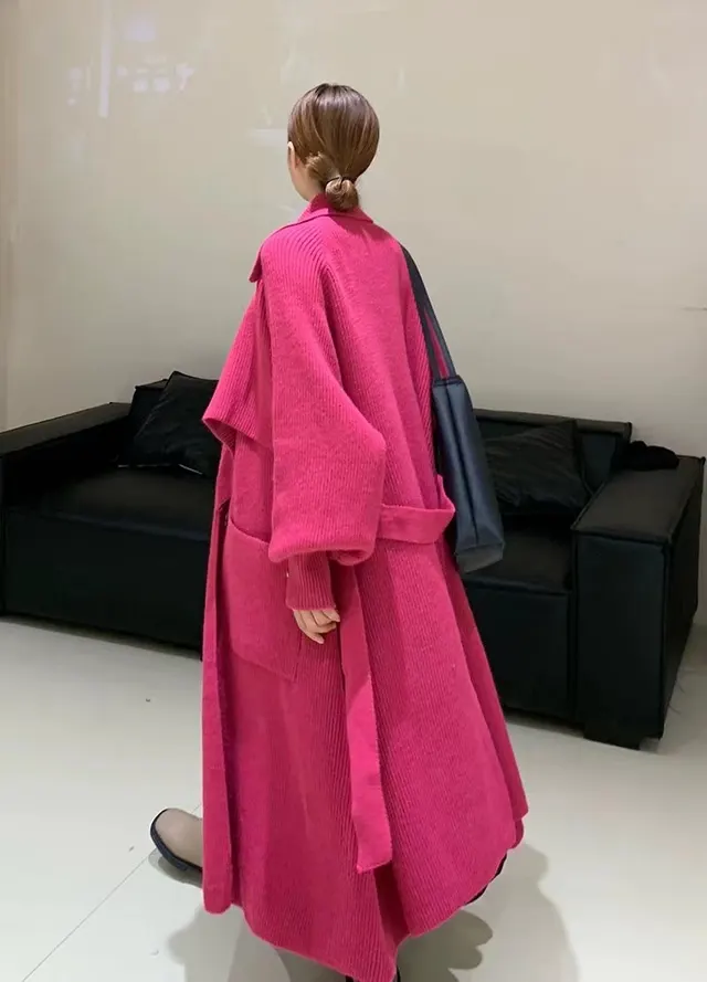 Autumn And Winter New Elegant Belt Knitted Trench Coat For Women Rose Red - Shop at LoveMi