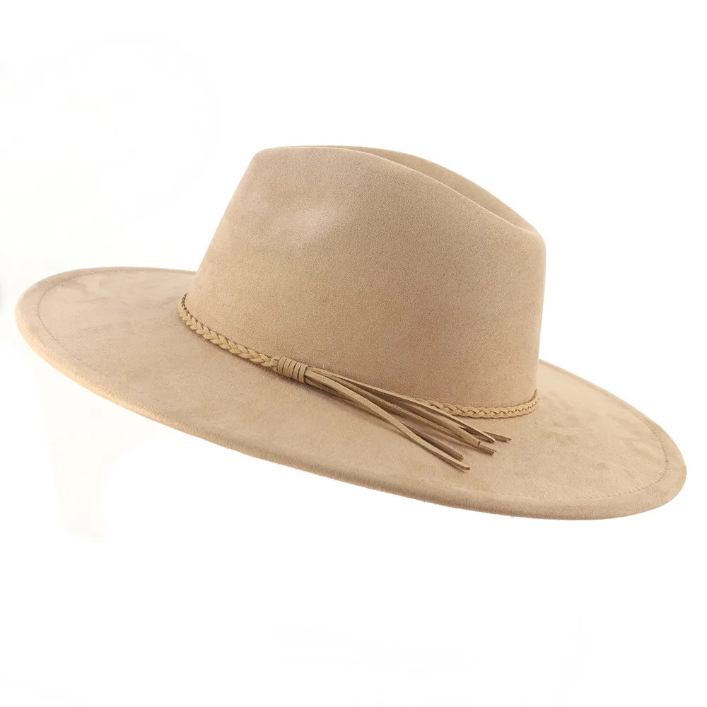 Jazz Women's 10cm Brim Suede Peach Top Tassel Hat Camel - Shop at LoveMi
