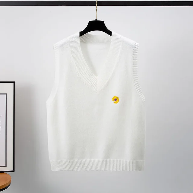 Loose V neck Short Sleeveless Waistcoat Sweater Outer Wear Knitted Vest White - Shop at LoveMi