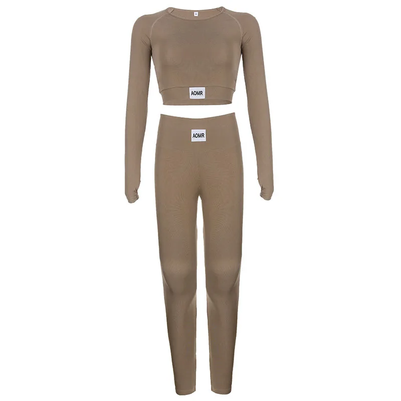 Solid Colour Letter Zhang Zi Round Neck Long Sleeve Short Top Yoga Two-piece Set - Brown - View 1