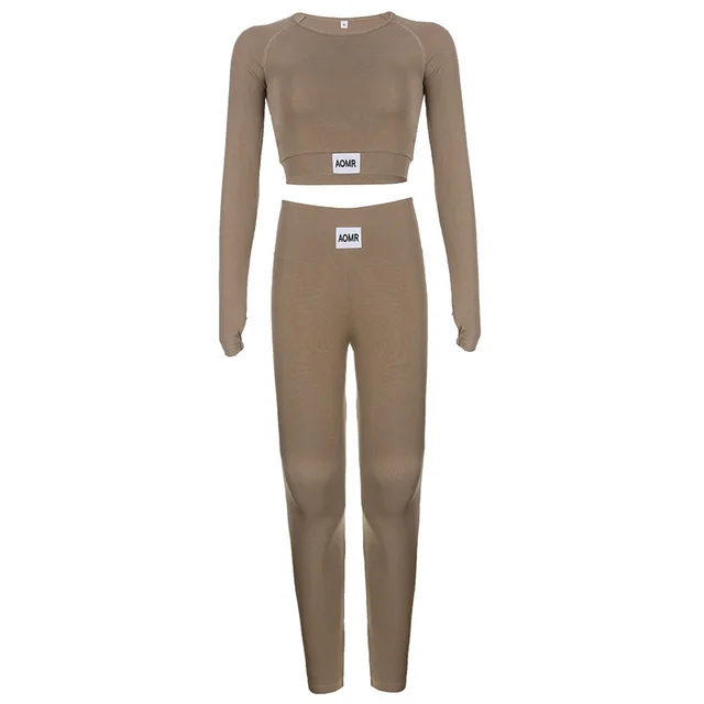 Solid Color Letter Zhang Zi Round Neck Long Sleeve Short Top Yoga Two piece Set Brown - Shop at LoveMi