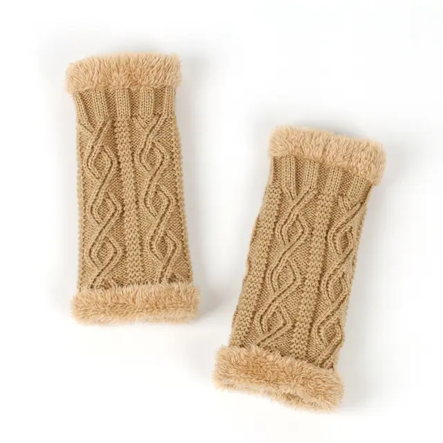 Rhombus Short Knitted Plus Fluff Thick Gloves Camel 9 - Shop at LoveMi